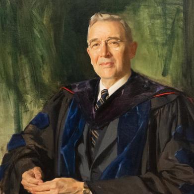 Oil on canvas portrait of J.Douglas Brown in academic robes