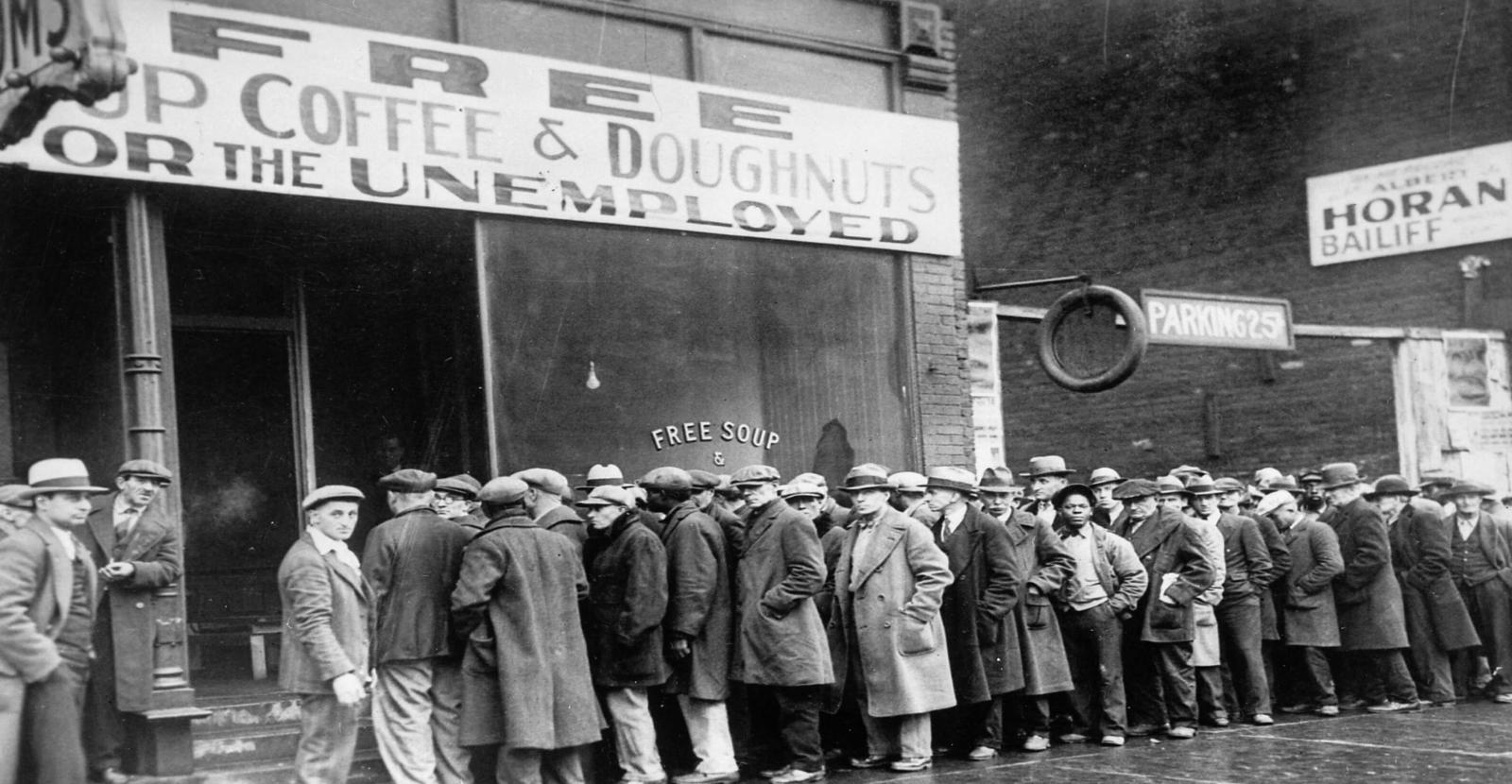 Long line of men at a soup kitchen from the 1930s