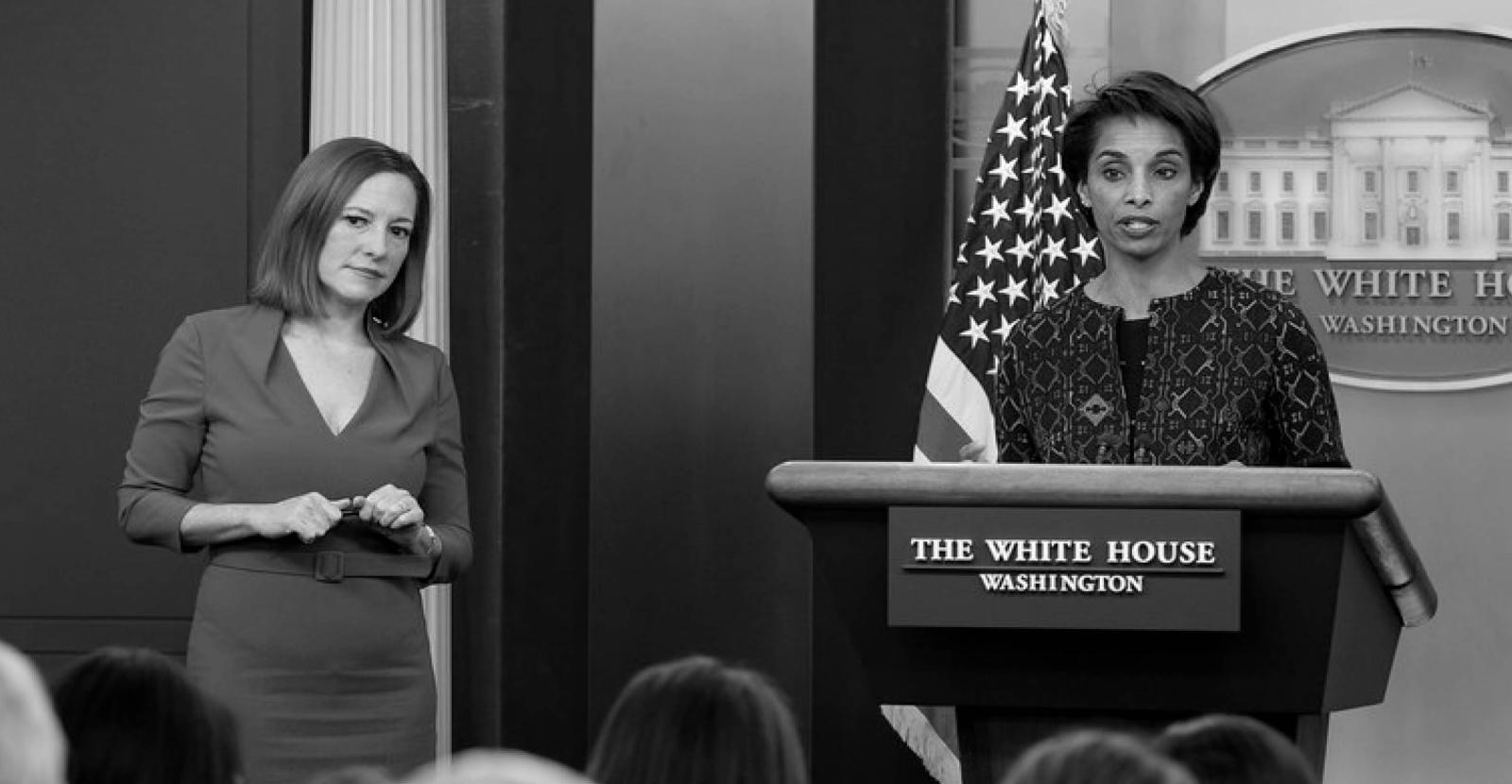 White House Press Secretary Jen Psaki, joined by CEA Chair Cecilia Rouse, holds a briefing at the White House