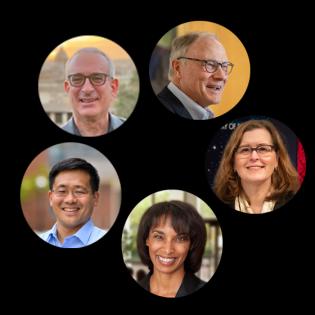 Circular headshots of Angrist, Card, Currie, Rouse, and Lee on a black background
