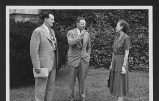 Photo of J. Douglas Brown, Helen Baker, and an unidentified man from 1948 Industrial Relations Conference.