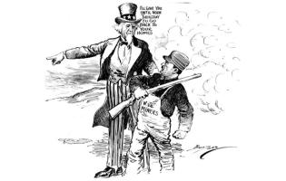 Political cartoon with Uncle Sam saying to the miners "I'll give you until noon Thursday to go back to your home."